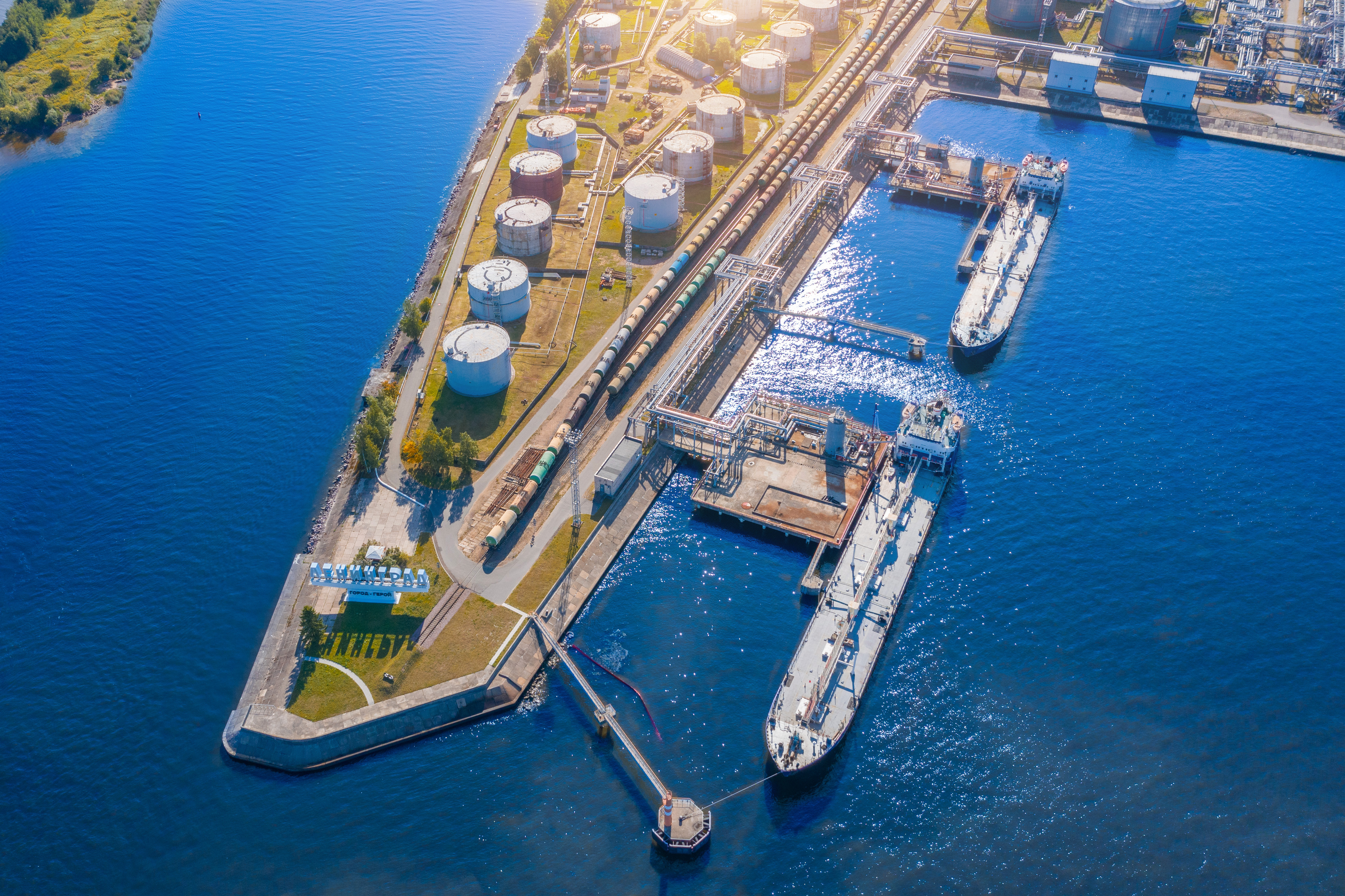 Aerial view of tankers berthed at a fuel terminal